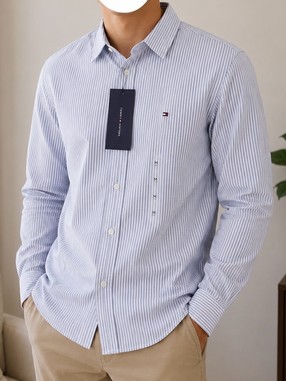 Tommy Hilfiger Men’s Sky Blue & White Pinstripe Button-Down Shirt